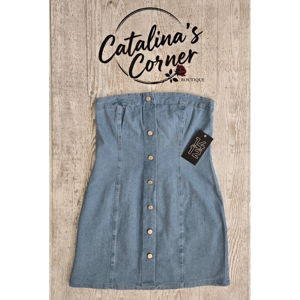 NWT Fourteen Twelve Strapless Denim Mini Dress Light Wash Button Front Blue XL